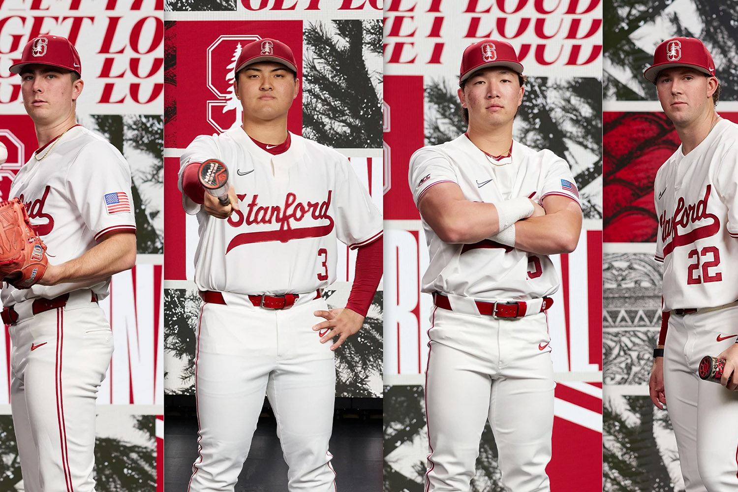 Four Stanford baseball players pose in their uniforms against a backdrop of team branding and slogans, showcasing their athleticism.