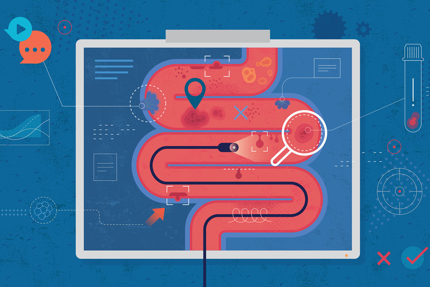 Illustration of a digestive system with medical scanning icons representing health monitoring technology.