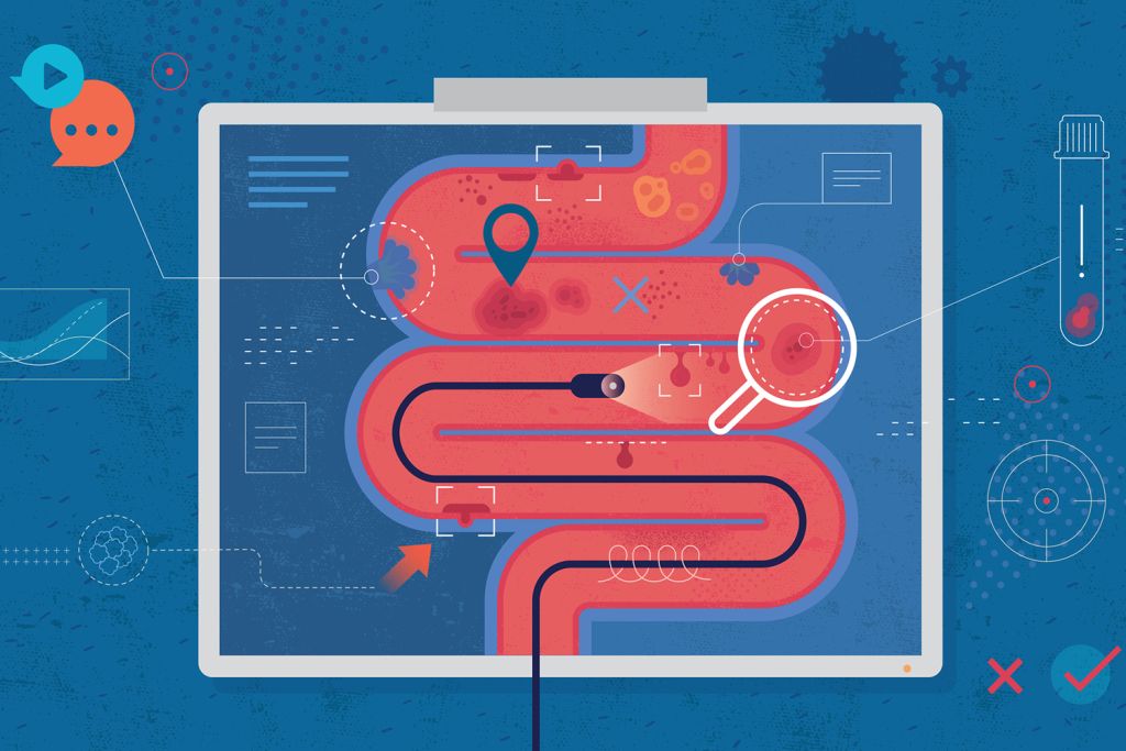Illustration of a digestive system with medical scanning icons representing health monitoring technology.
