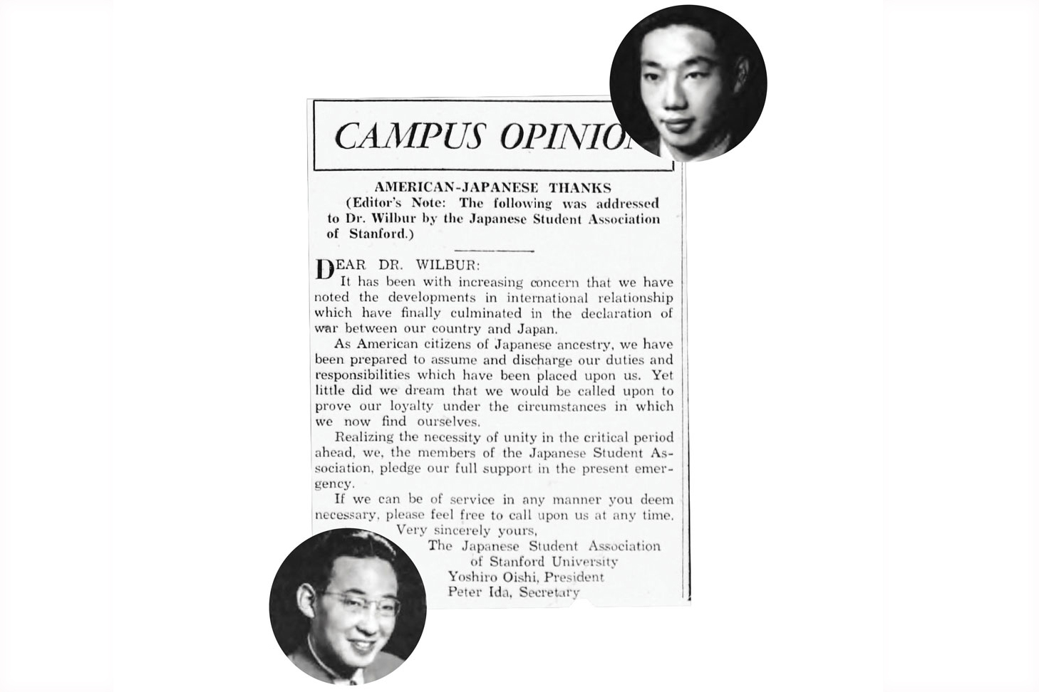 A campus newspaper clipping shows a letter from Stanford's Japanese Student Association pledging loyalty to the U.S., with portrait photos of two young men.