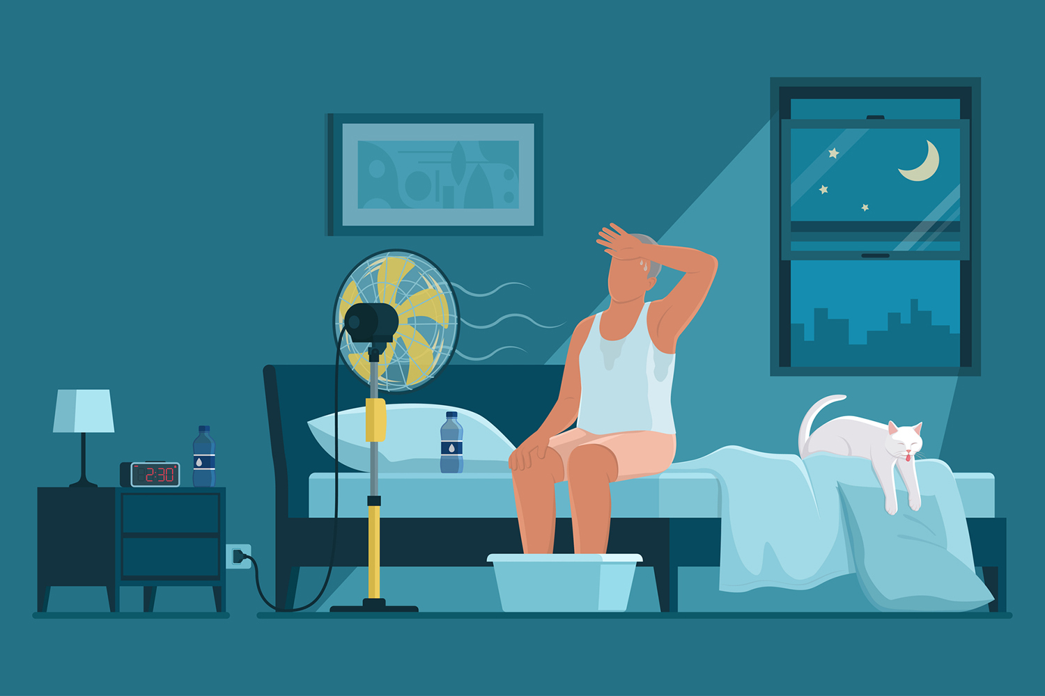 Illustration of a person sitting on a bed at night, sweating and using a fan and foot soak to cool down in a warm bedroom.
