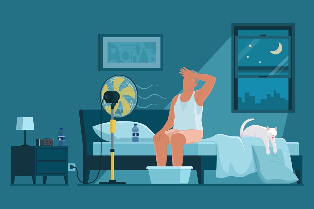 Illustration of a person sitting on a bed at night, sweating and using a fan and foot soak to cool down in a warm bedroom.