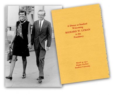 Photo of Jing and Richard Lyman walking hand-in-hand, and dinner program welcoming Lyman to the presidency