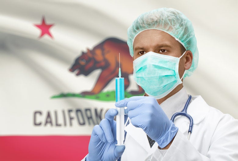 Man with hypodermic and state flag 