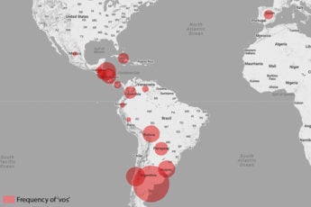 Map showing frequency of the use of the Spanish pronoun 'vos' as opposed to 'tú' in Latin America