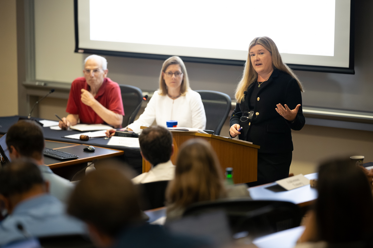 Bernadette Meyler, chair of the Ad Hoc Committee on University Speech, presents the committee's report to the Faculty Senate on May 30, 2024..