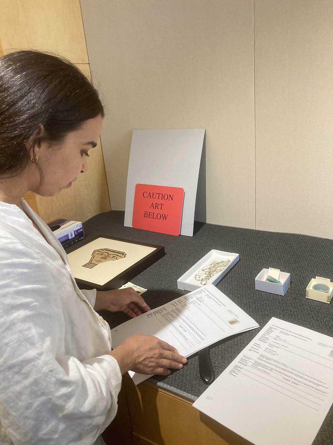 Image of Alia Farid examining examples of faience at the Cantor Arts Center.