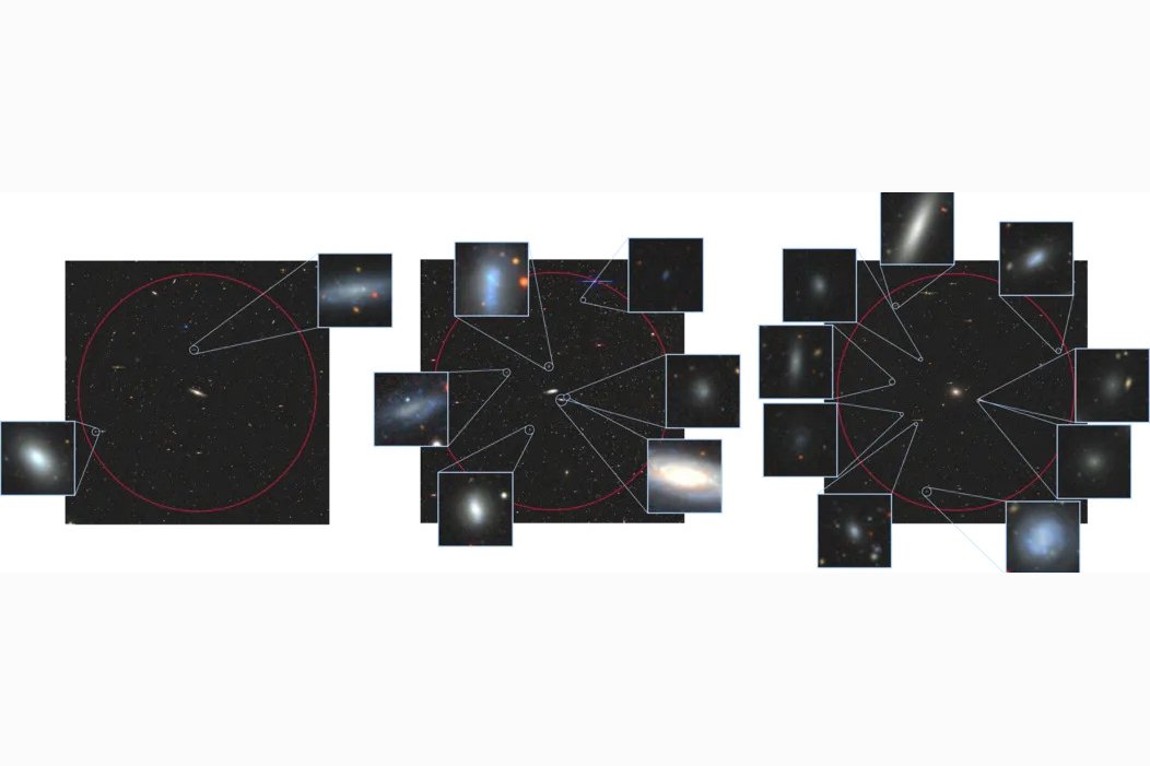 The SAGA Survey identified 101 Milky Way-like galaxies that have small satellite galaxies. These three examples contain two, six, and nine satellite galaxies, respectively.