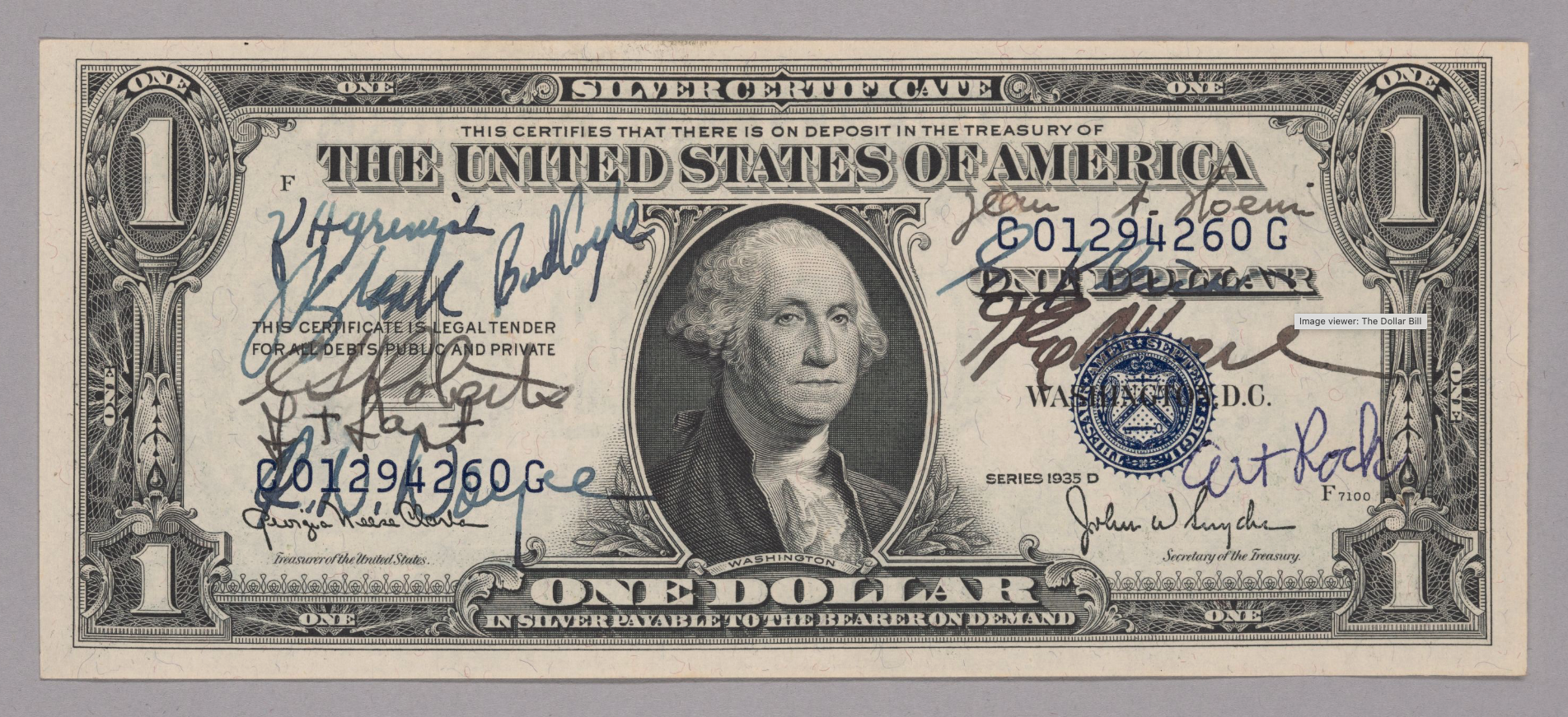 Image of a dollar bill signed by the eight founders of Fairchild.