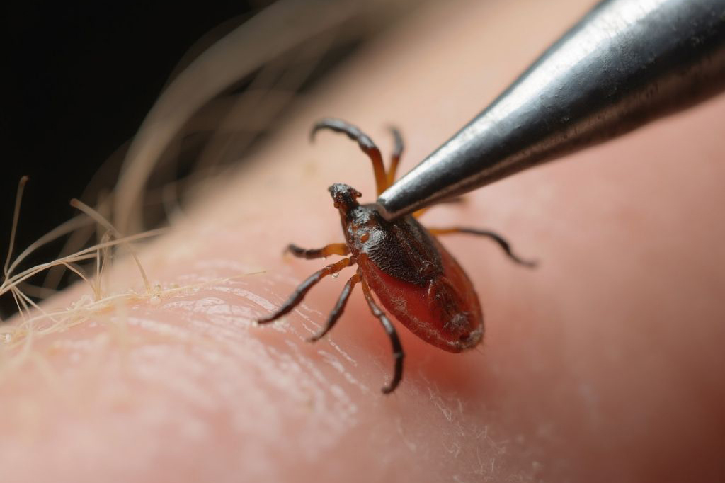 Close-up of tick held by tweezers