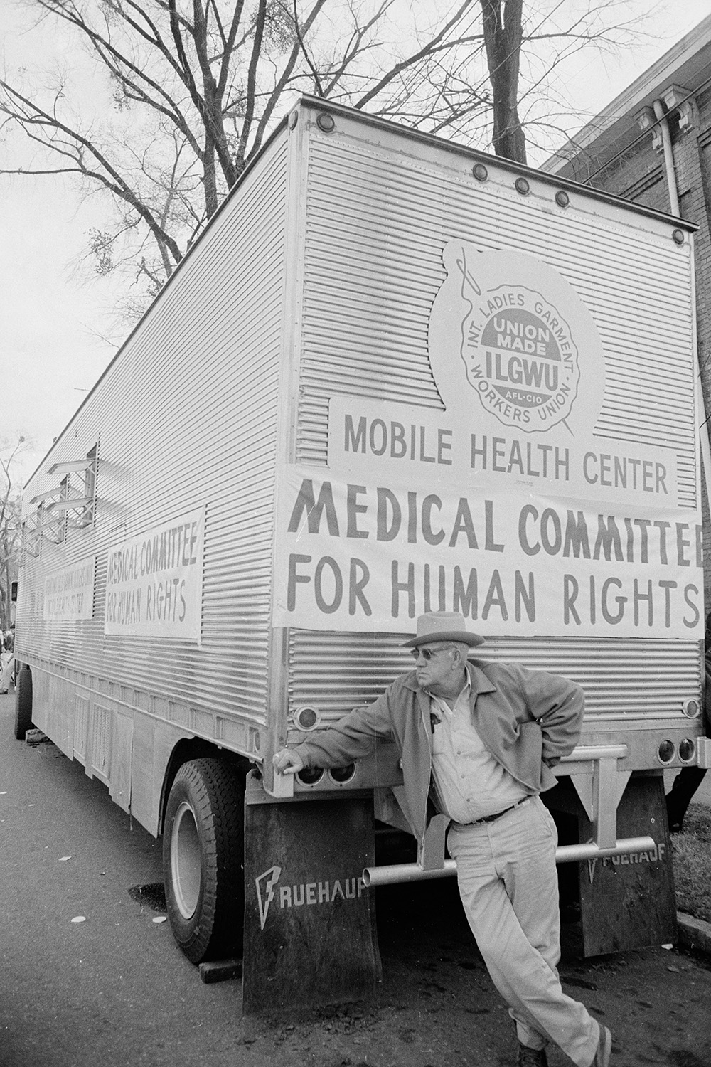 A truck from the American Committee for Human Rights serves as a mobile health center to assist marchers in need of medical attention.