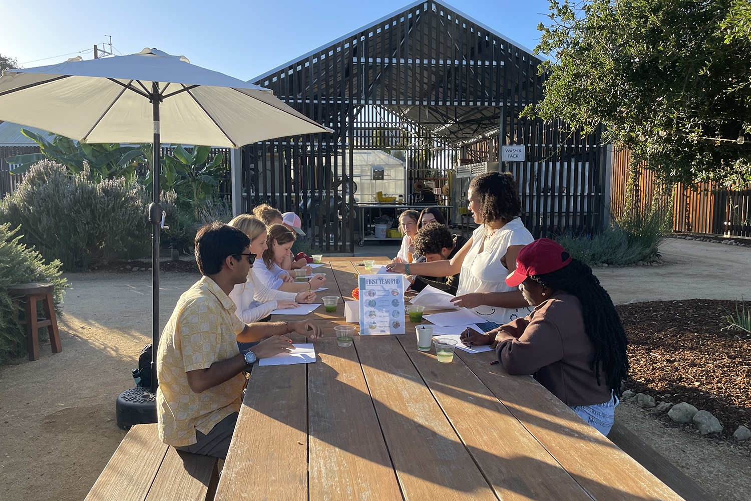 Image of PhD students engaging in small group activities outside on the Farm.
