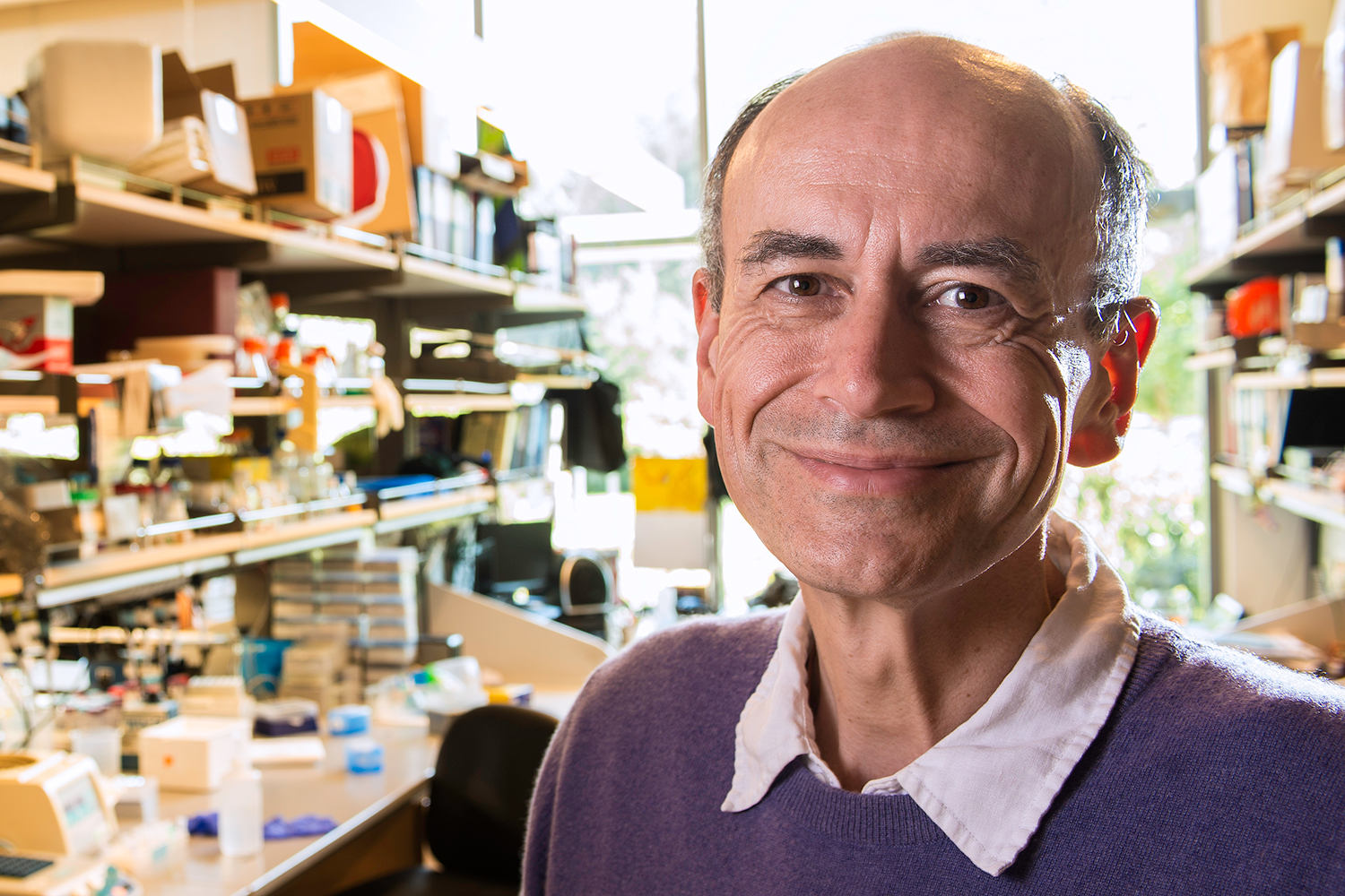 Thomas Sudhof stands in a laboratory filled with shelves of equipment and supplies, highlighting a research environment.