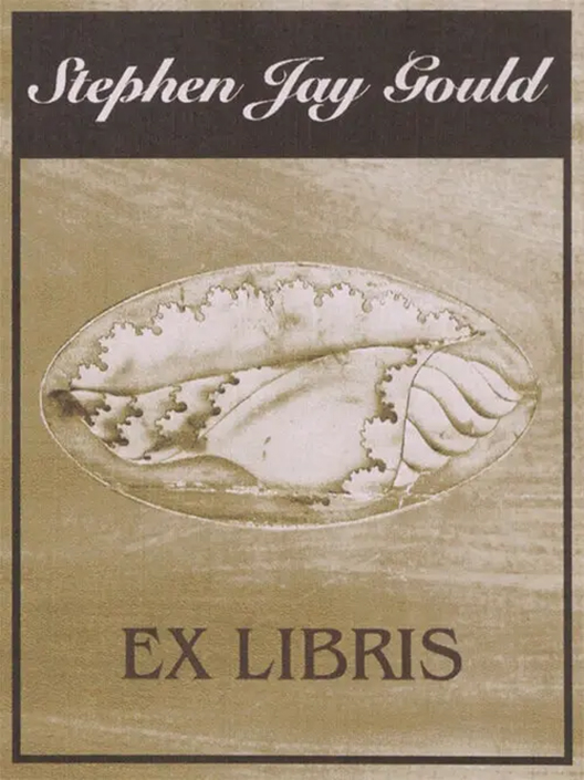 A bookplate for Stephen Jay Gould featuring an illustration of a fossil and the text 