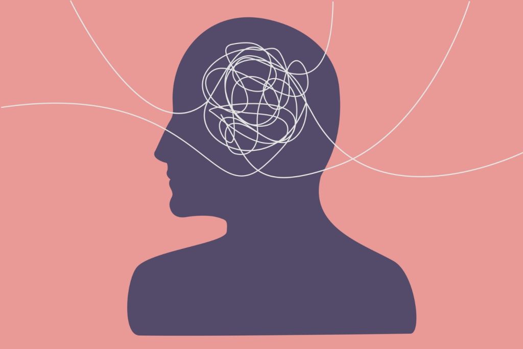 A silhouette of a head with tangled lines inside, set against a pink background, symbolizing mental confusion.