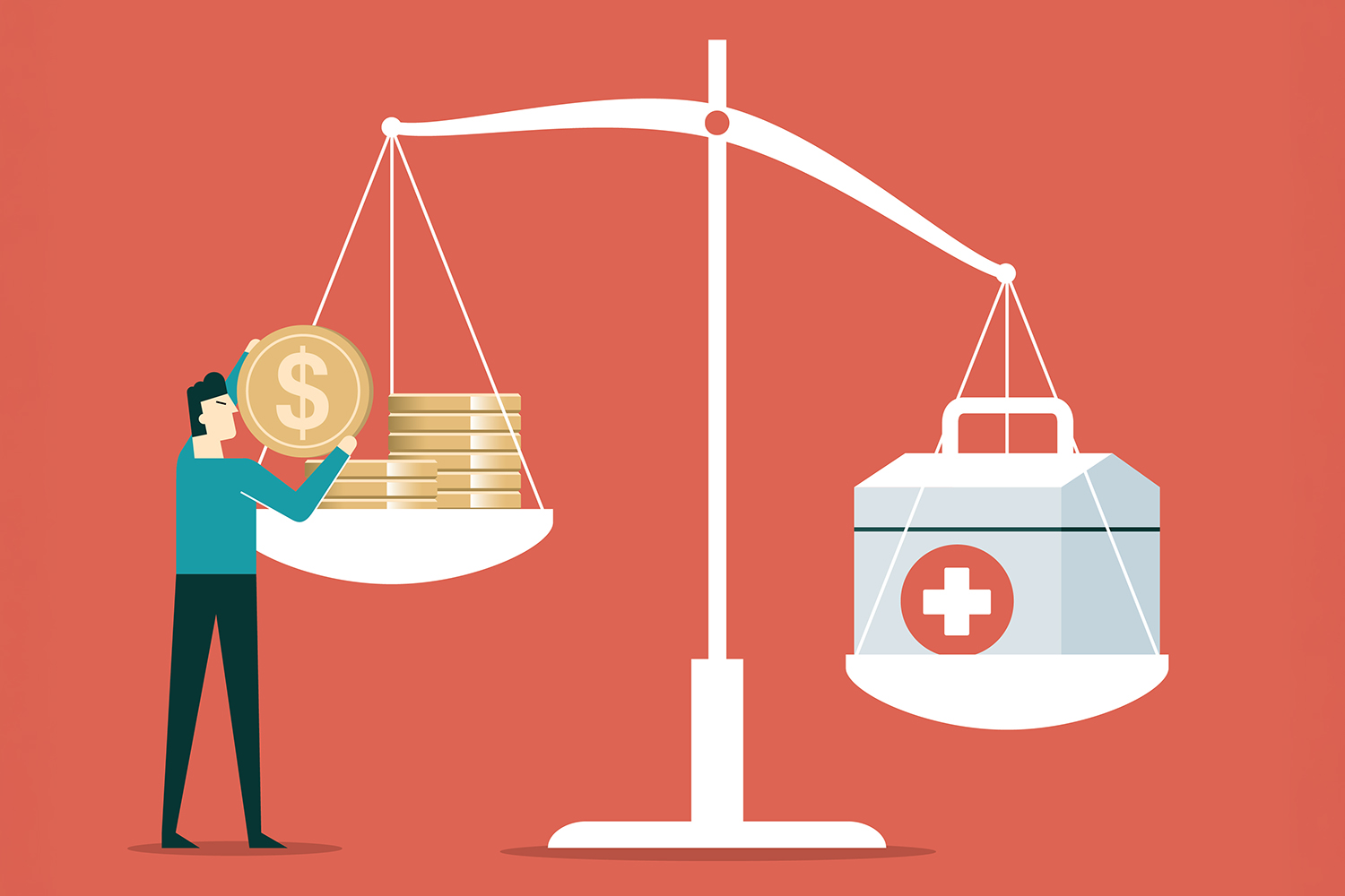 A person balances coins on one side of a scale against a medical kit on the other, highlighting healthcare costs.