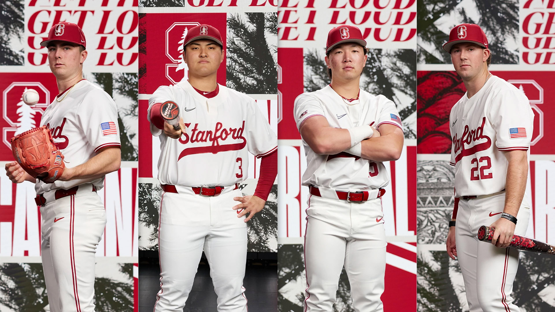 Four Stanford baseball players pose in their uniforms against a backdrop of team branding and slogans, showcasing their athleticism.
