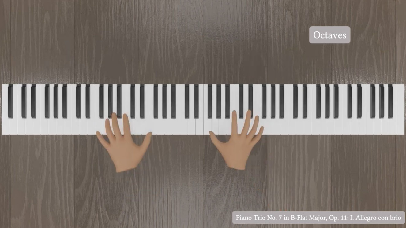 Hands play on a digital piano keyboard, labeled with “Octaves,” above a wooden surface in a music tutorial.