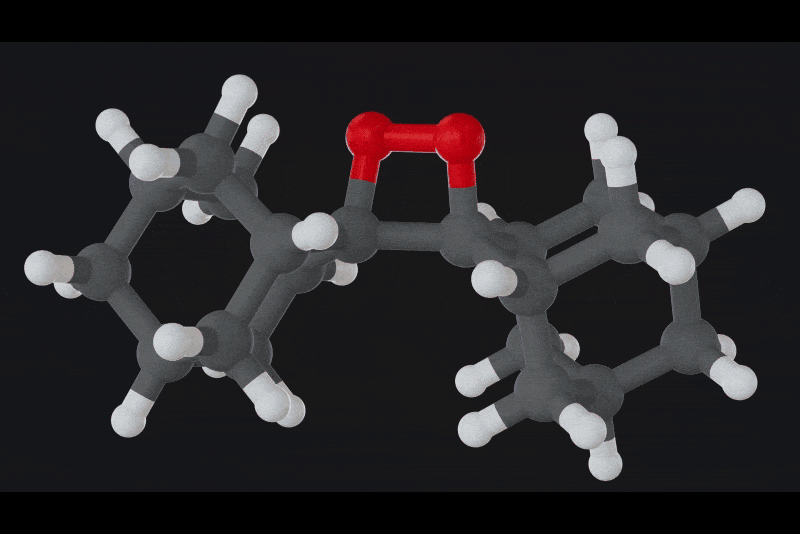 3D molecular model showing two benzene rings connected by an oxygen bridge with gray carbon and white hydrogen atoms.
