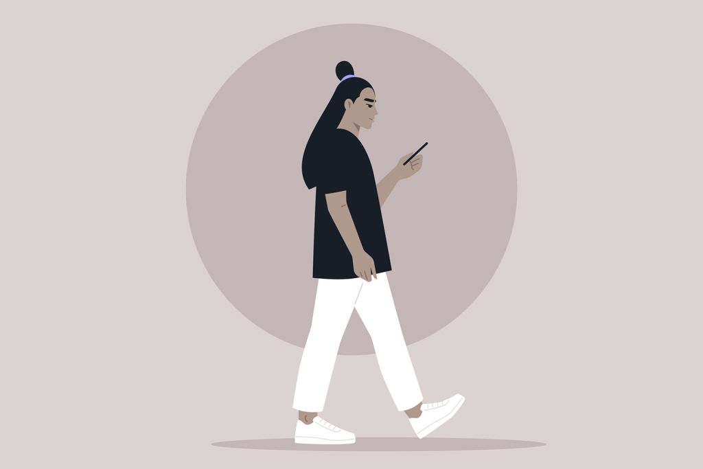 Illustration of a person walking while checking a smartphone, set against a plain circular backdrop.