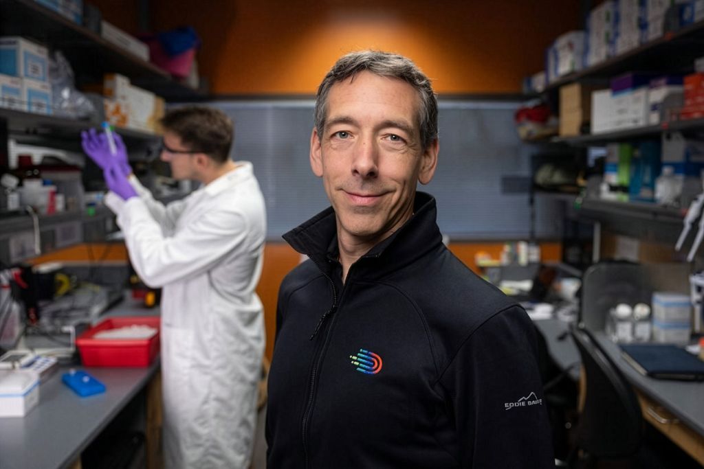 Euan Ashley smiles at the camera in a lab, while another researcher in a white coat works in the background.