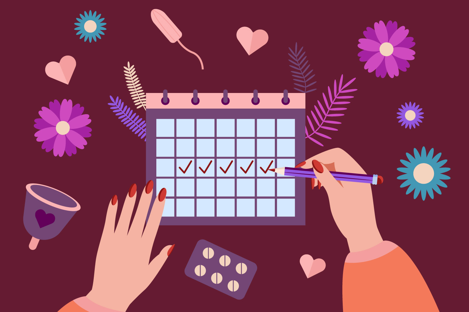 Illustration of hands marking period days on a calendar, surrounded by flowers, tampon, menstrual cup, and pills.