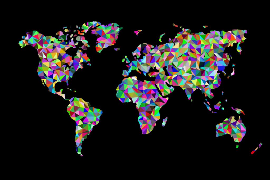 A world map made of multicolored triangles against a black background, with each continent filled in bright mosaic patterns.