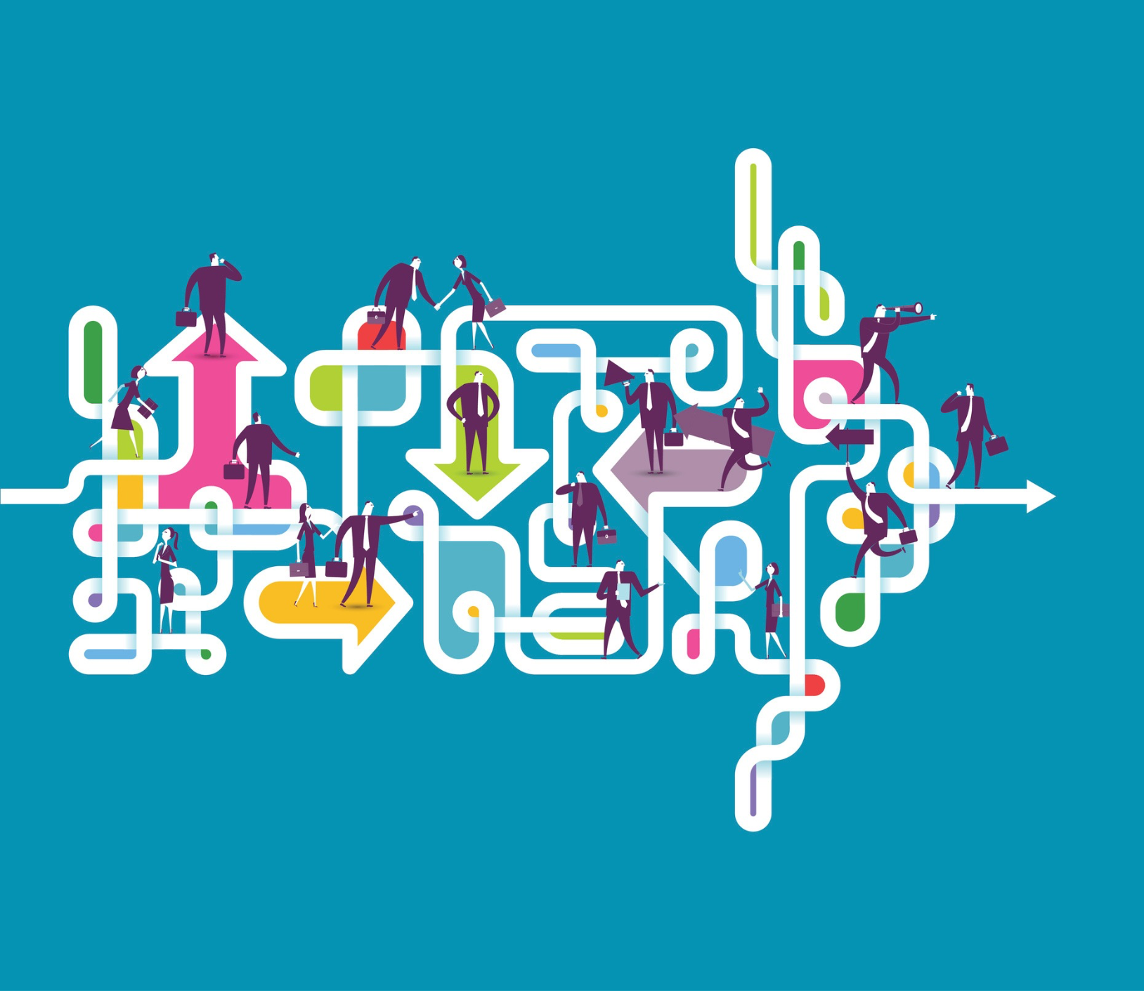 Illustration of business people on a grid of arrows going in different directions, on a blue background