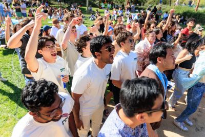 Students crowd stage