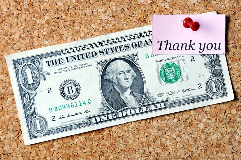 dollar bill with a thank-you note tacked on / 