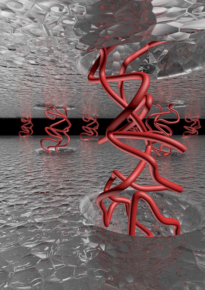 illustration representing chain-like molecules of polystyrene between layers of nanocomposites / Dauskardt Lab