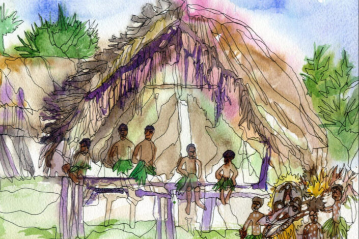 Watercolor drawing of Papua New Guinea spirt house.)