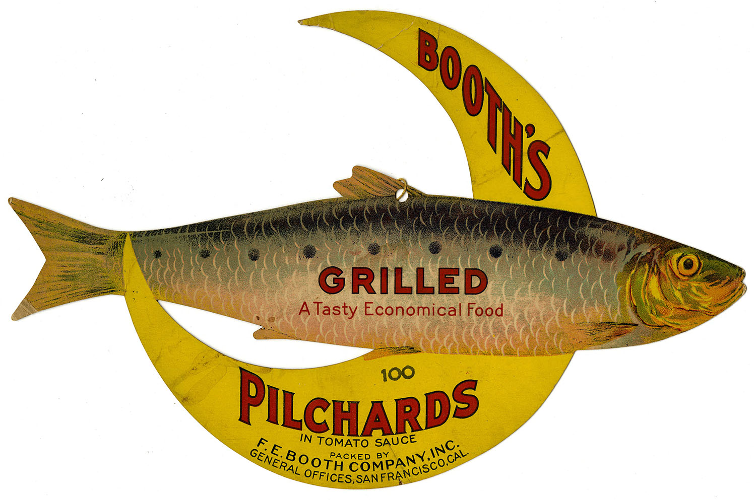 Lithograph, circa 1930s, from the San Francisco, Crate, Can, and Bottle Label Collection, titled “Kemble-Booth's grilled pilchards in tomato sauce, F. E. Booth Company, Inc.” 