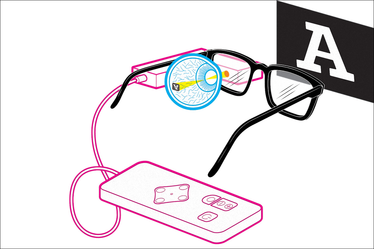 Illustration of smart glasses with a camera lens connected to a handheld control device and eye chart.
