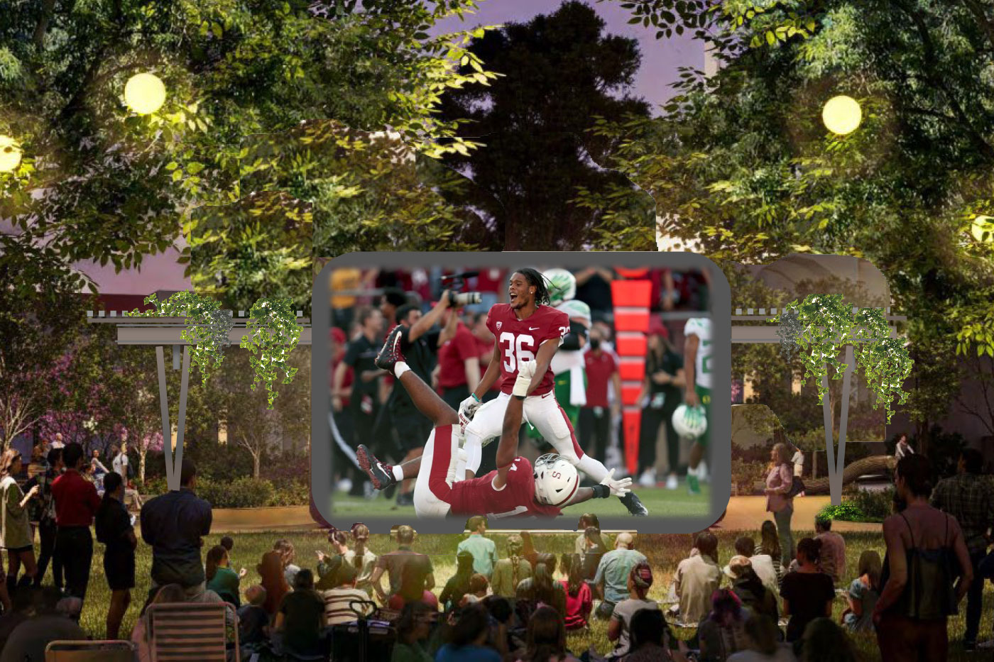Rendering of outdoor movie night showing a football game on a large screen with people watching on lawn.