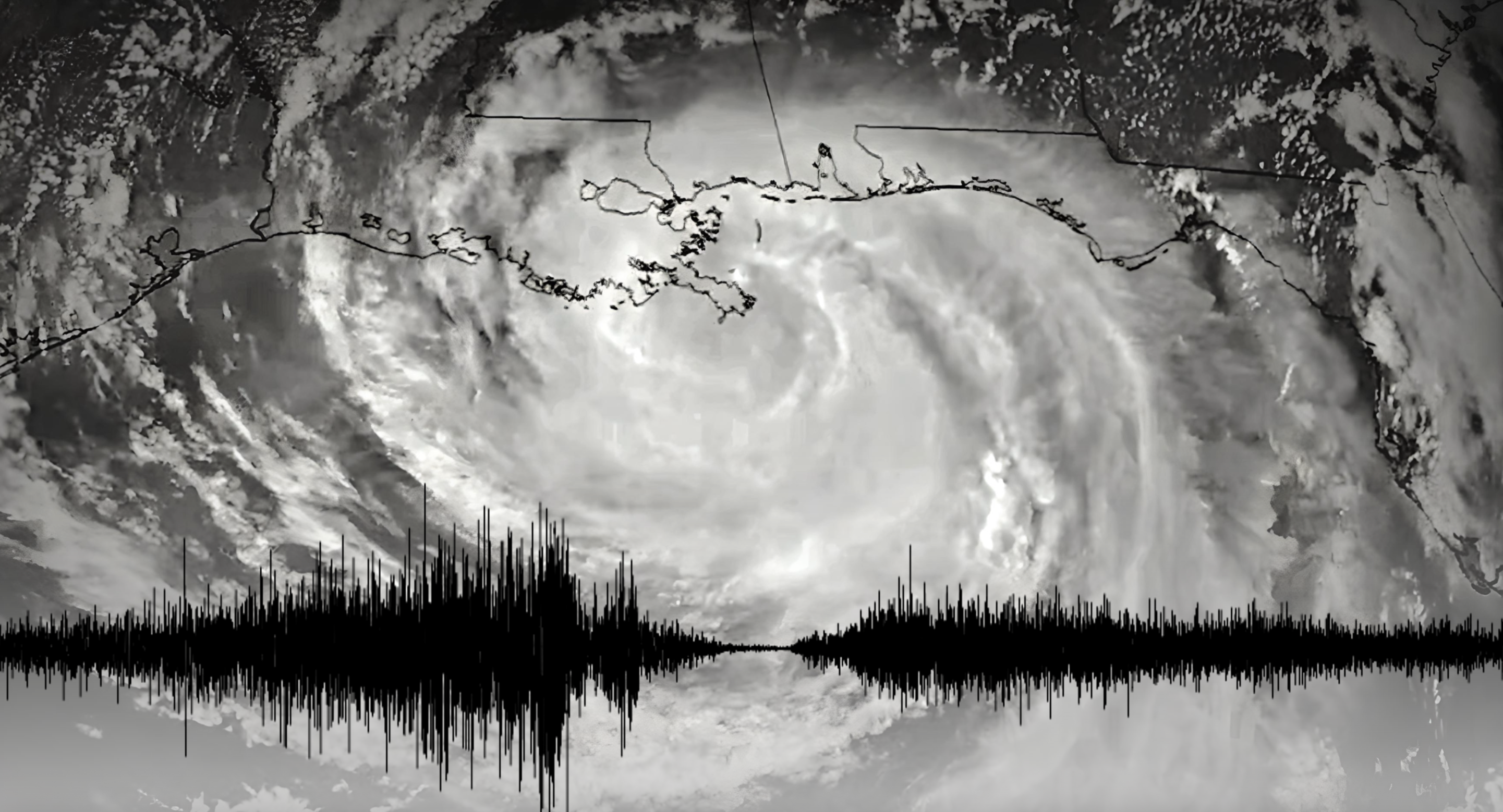 A satellite image of Hurricane Isaac in 2012 as it made landfall on the Louisiana coast, overlaid with a seismogram showing ground vibrations caused by strong winds before and after the calm eye of the storm passed