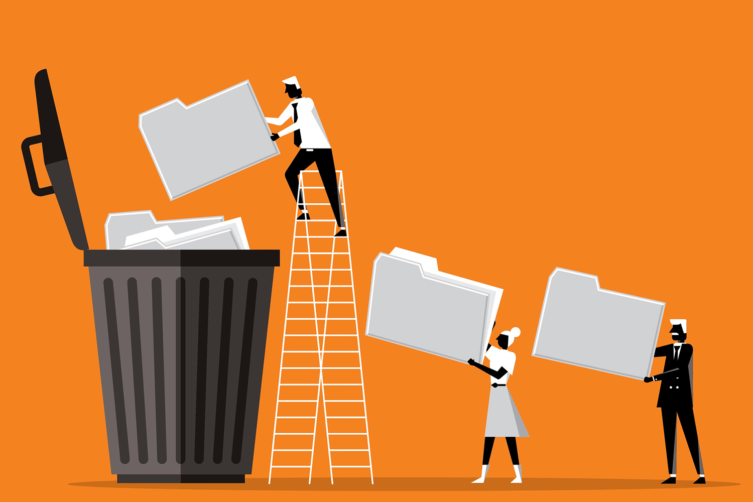 Three people, including one on a ladder, are throwing files into a large trash bin against a bright orange background.