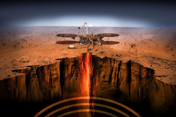An artist’s illustration shows the InSight lander on Mars.
