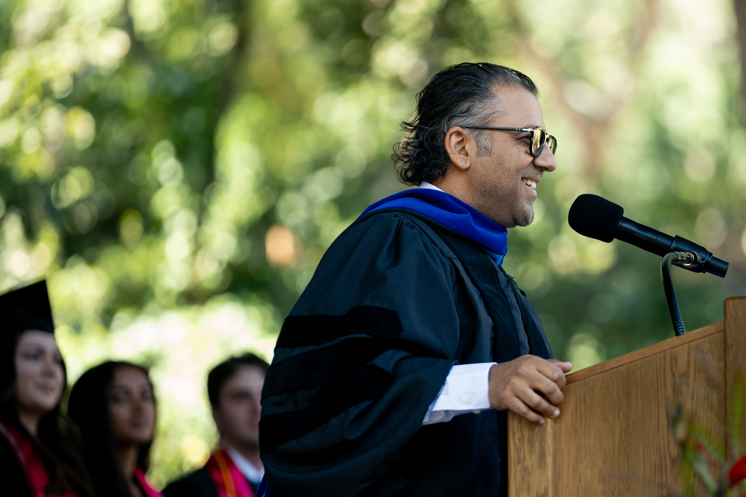 Closeup of featured Baccalaureate speaker Varun Soni at lectern