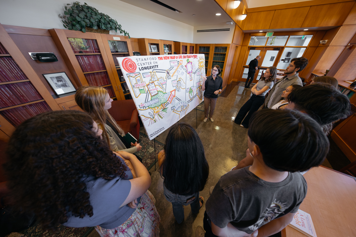 Laura Carstensen standing and pointing to a display of the New Map of Life with students watching her.