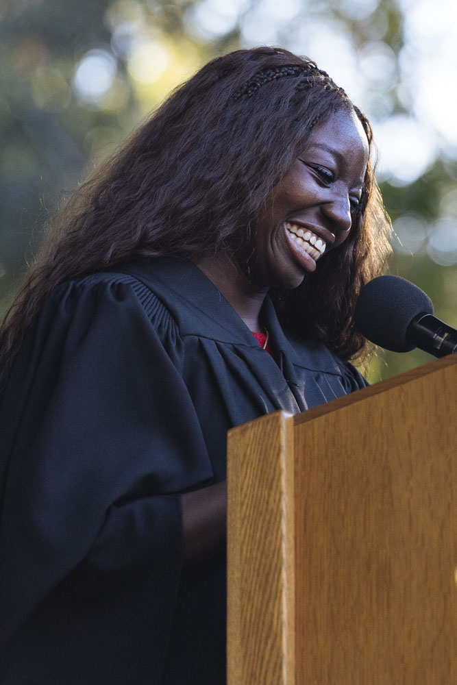 Stanford senior Bennie Nkwantabisa delivers remarks.