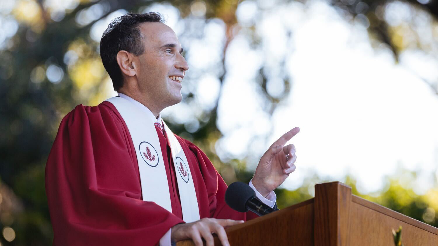 President Jonathan Levin at lectern delivering 2025 Convocation remarks.