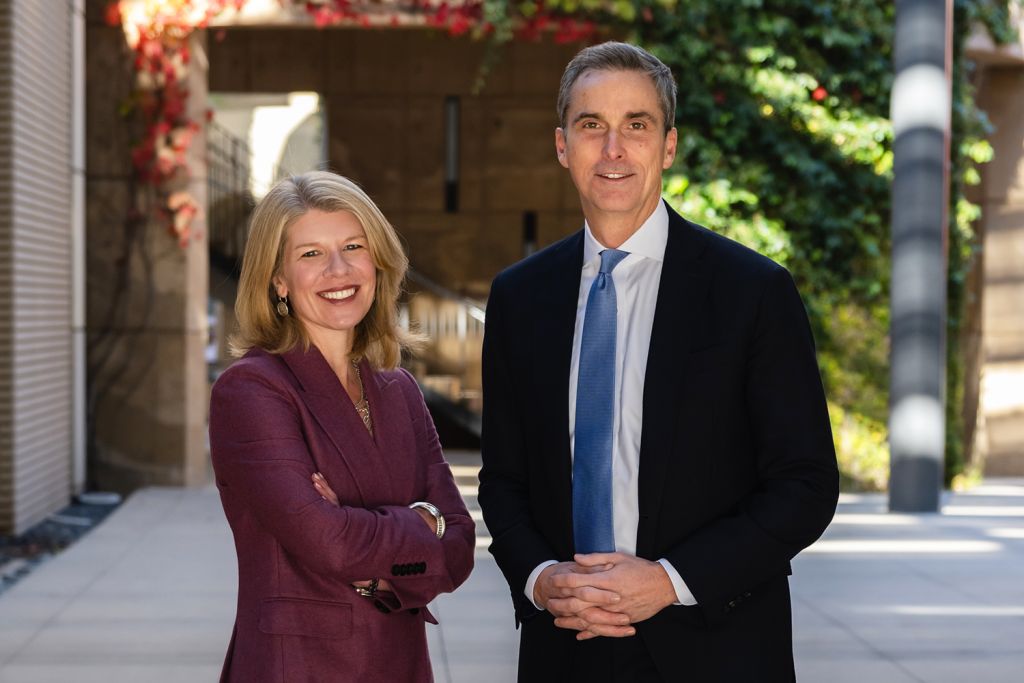 Open video Image of Nora and David Freeman Engstrom standing together for a photo on the Stanford campus. in a modal
