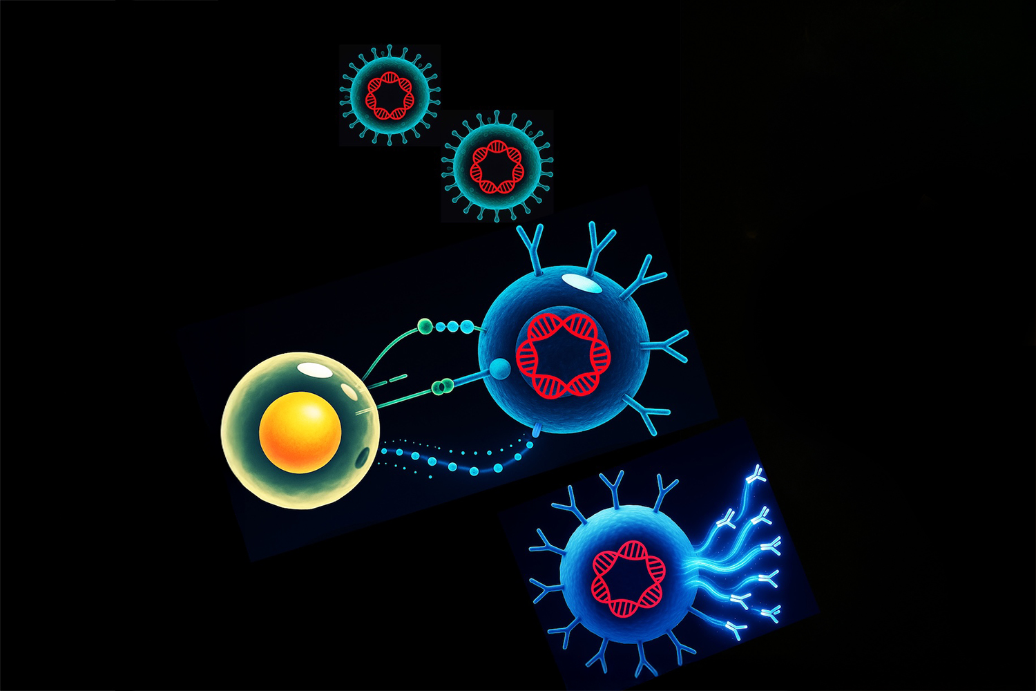A computer rendering of the Epstein-Barr virus infecting B cells.
