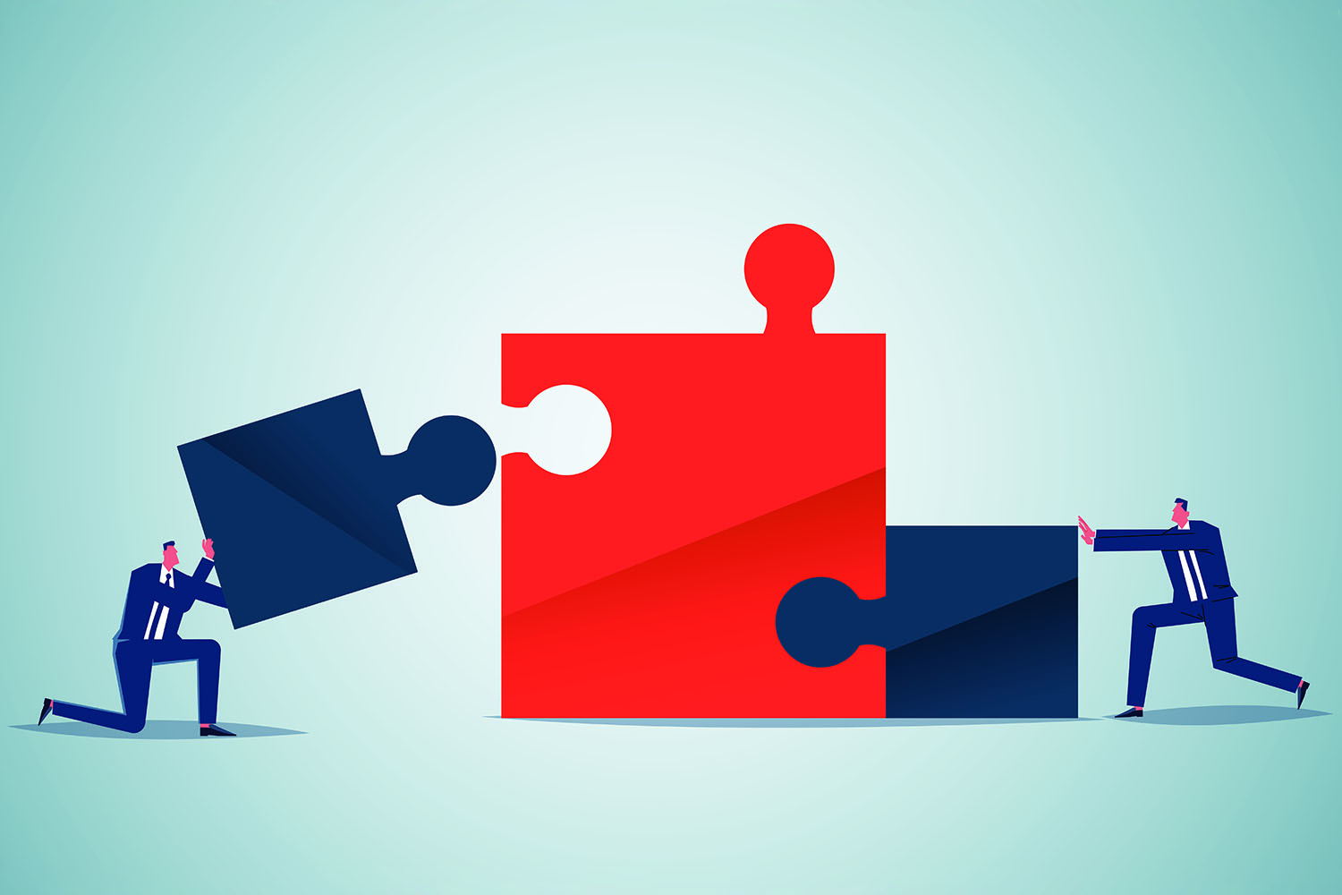 Illustration of two business people in suits working together to connect large puzzle pieces.