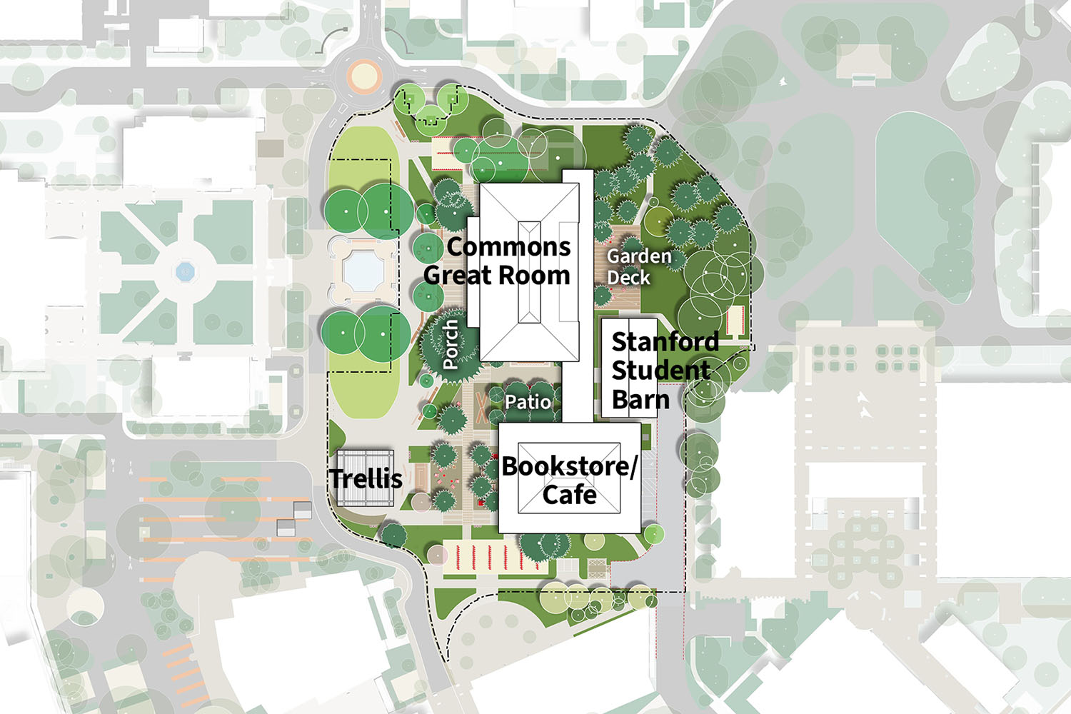 Site map showing Commons Great Room, Garden Deck, Stanford Student Barn, Bookstore Cafe, Patio, Porch, and Trellis.