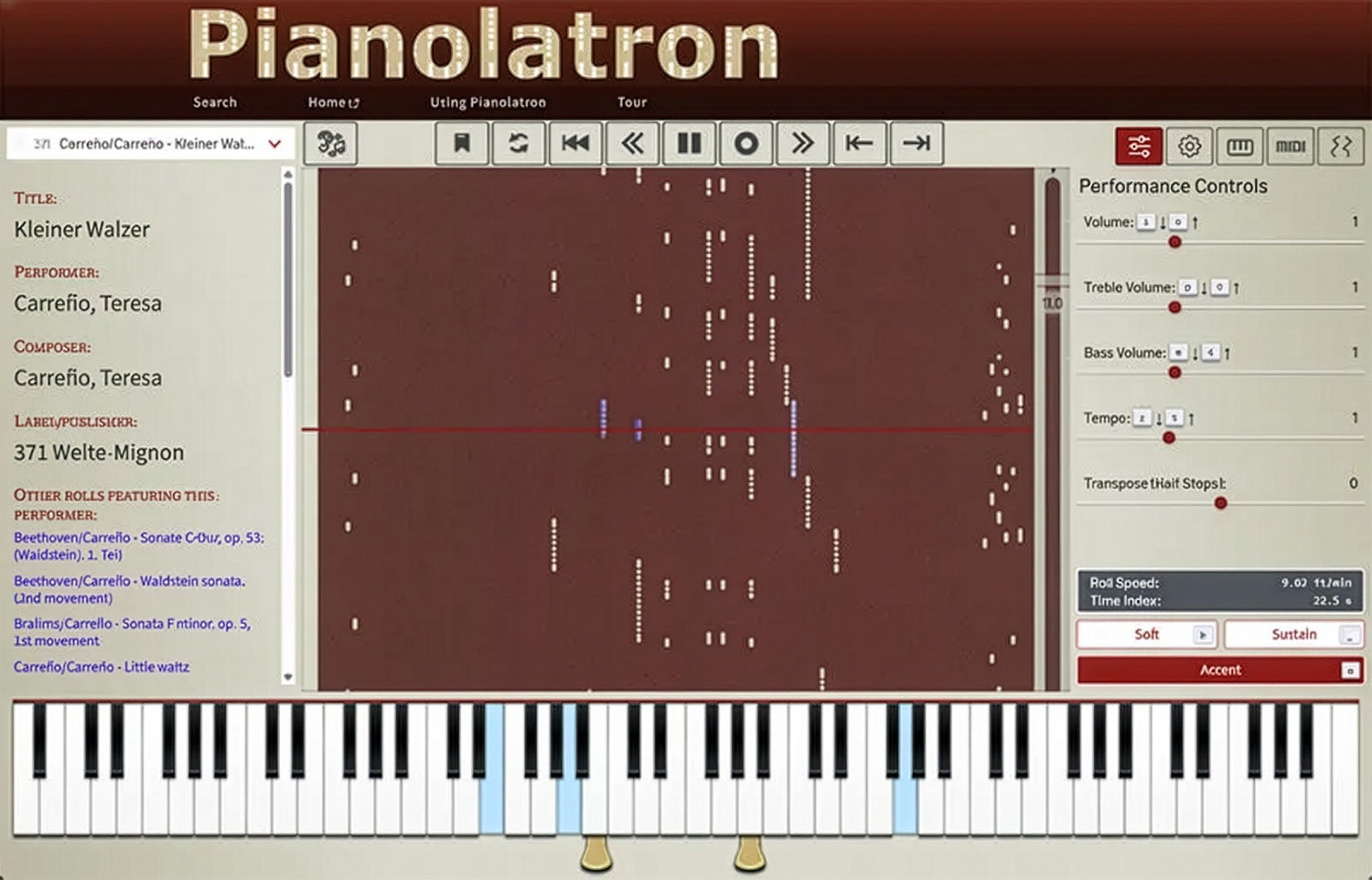 A screenshot of a web application for viewing digitized piano rolls, showing a note pattern, playback controls, and a virtual keyboard below.