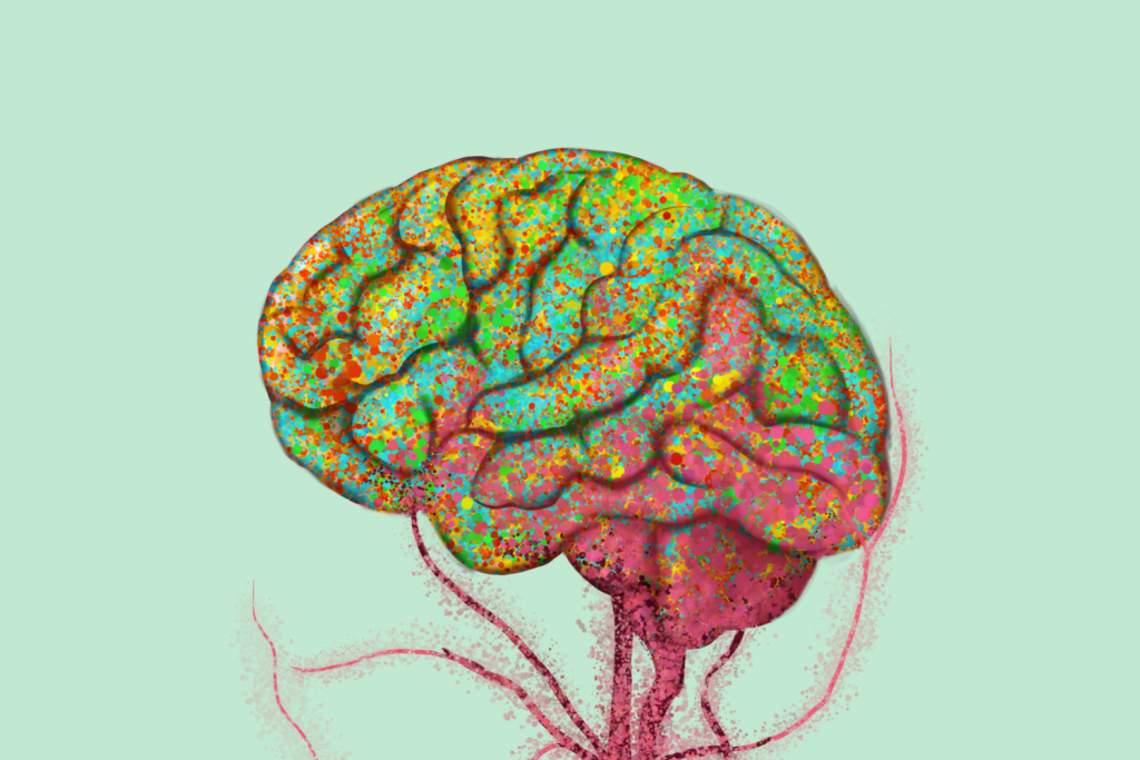 Illustration of a human brain in profile, covered with brightly colored dots and connected by thin, branching lines.