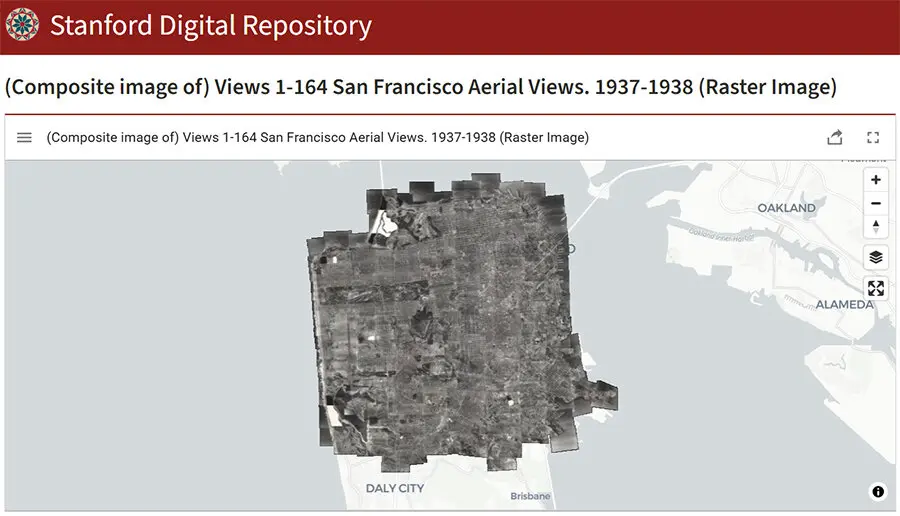 Stanford Digital Repository map viewer showing 1937–1938 aerial photo mosaic covering San Francisco, overlaid on a regional basemap.