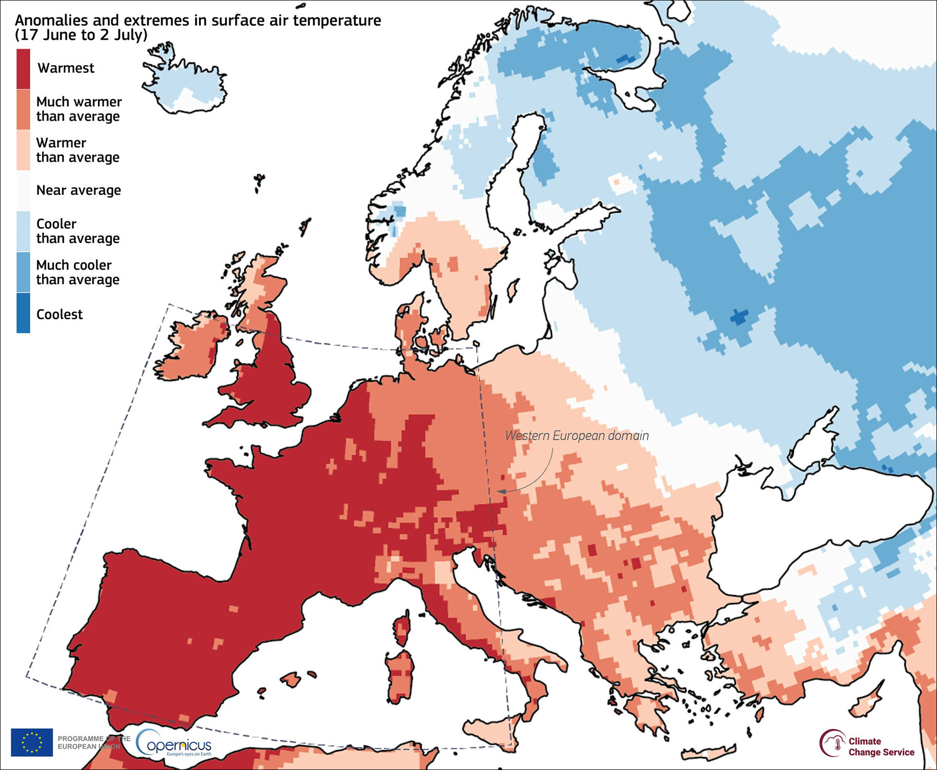 Map of Europe, 17 June–2 July: western Europe shaded warmest, southeastern Europe warmer, northeastern Europe cooler than average.